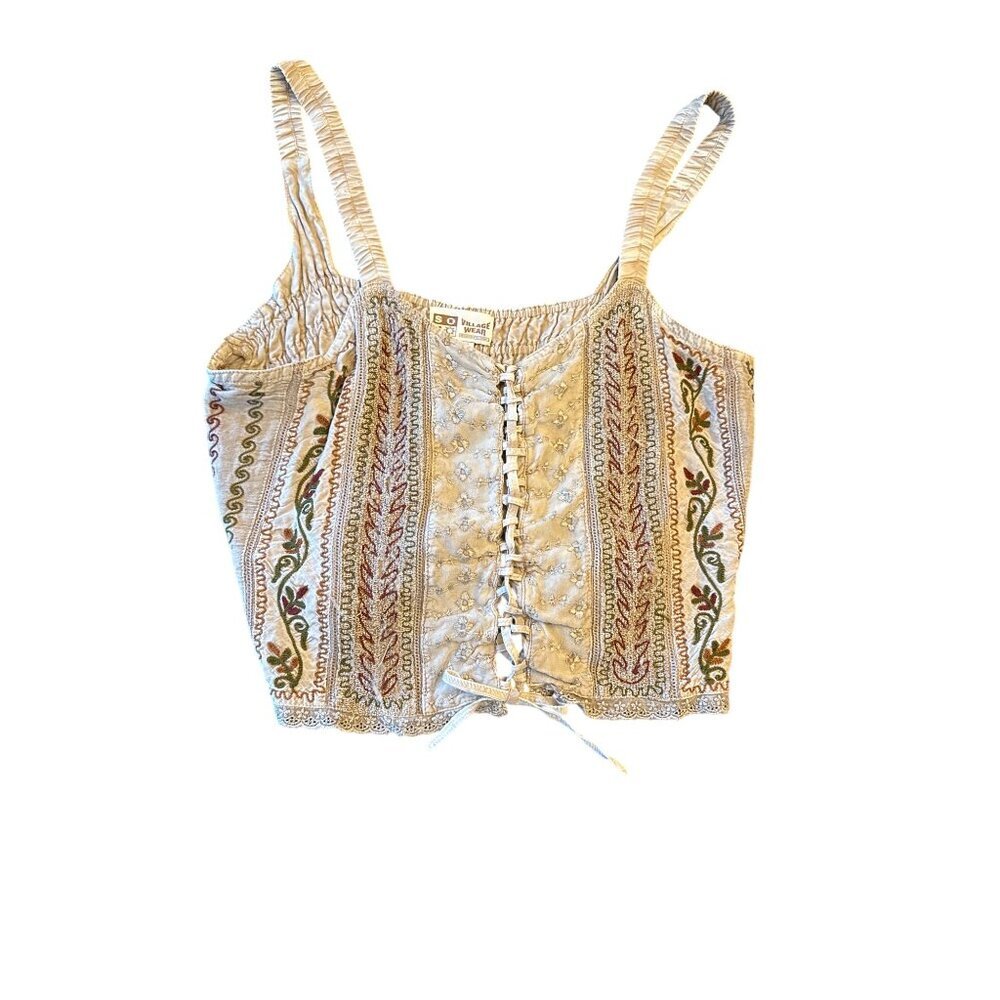 Vintage-Inspired SOHO Village‎ Wear Embroidered Lace-Up Tank Adjustable Straps
